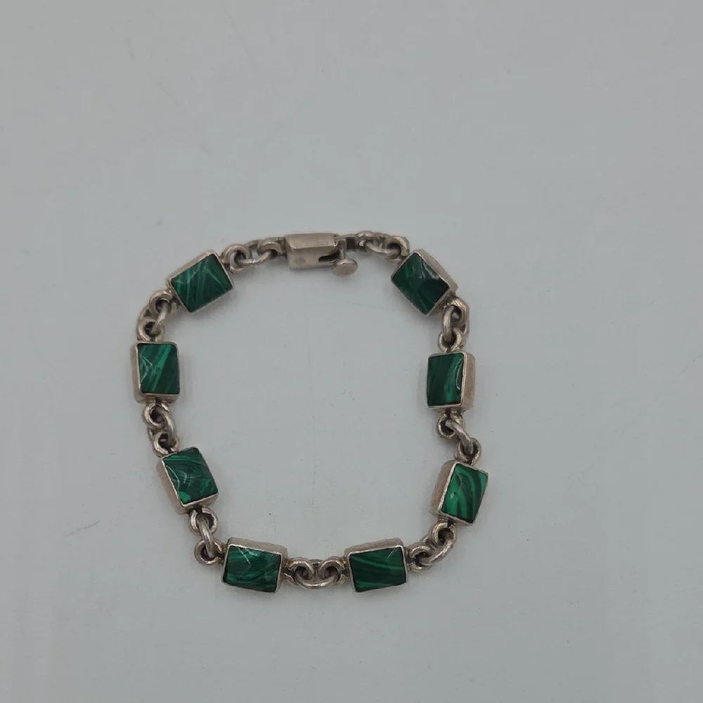 Vintage Taxco malachite sterling silver link bracelet